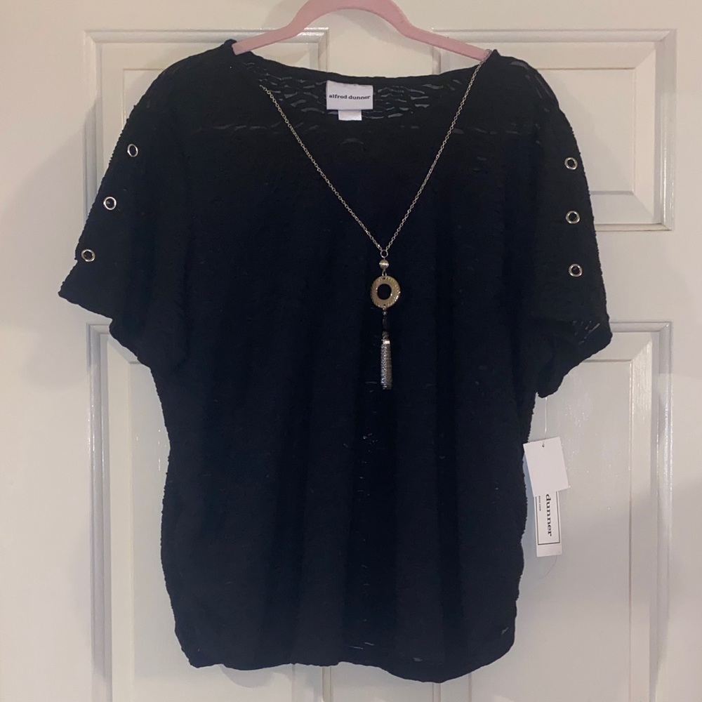 NWT Alfred Dunner Black Eyelet Sleeve Blouse, Size XL